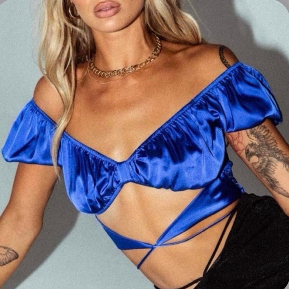Princess Polly Nikita Satin Crop Top Royal Blue Puff Sleeve Wrap Tie US 4